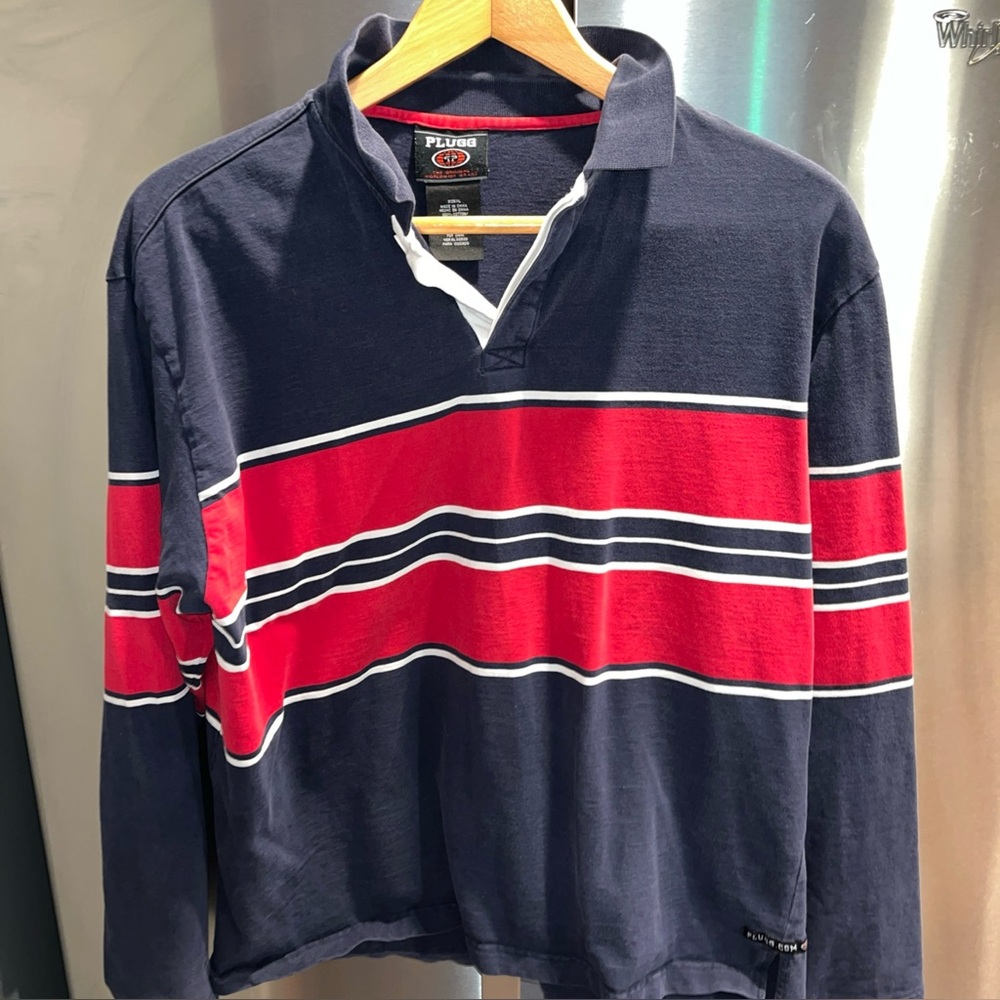 PLUGG rugby shirt Mens XL Vintage striped Collared BLUE RED WHITE preppy College
